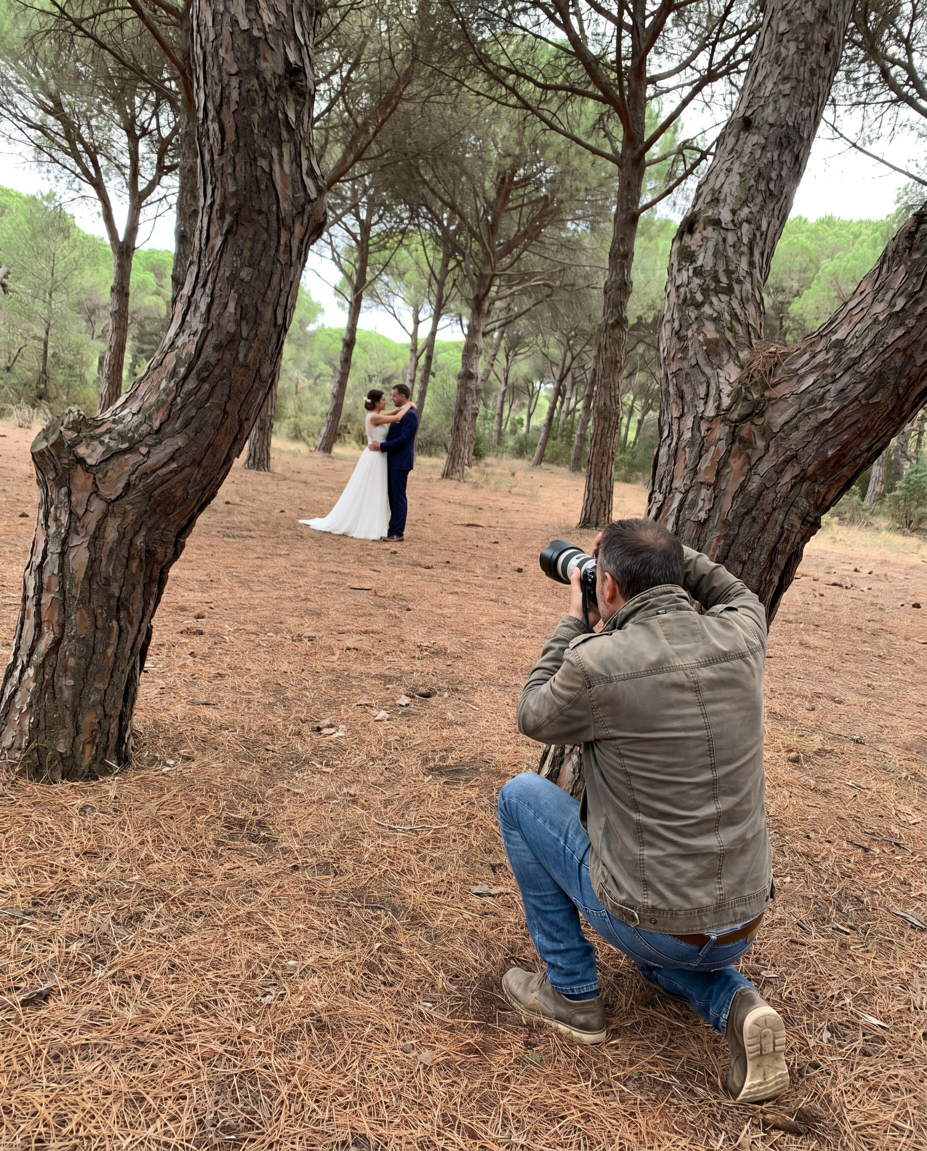 Photographer scouting in a parasol pine forest